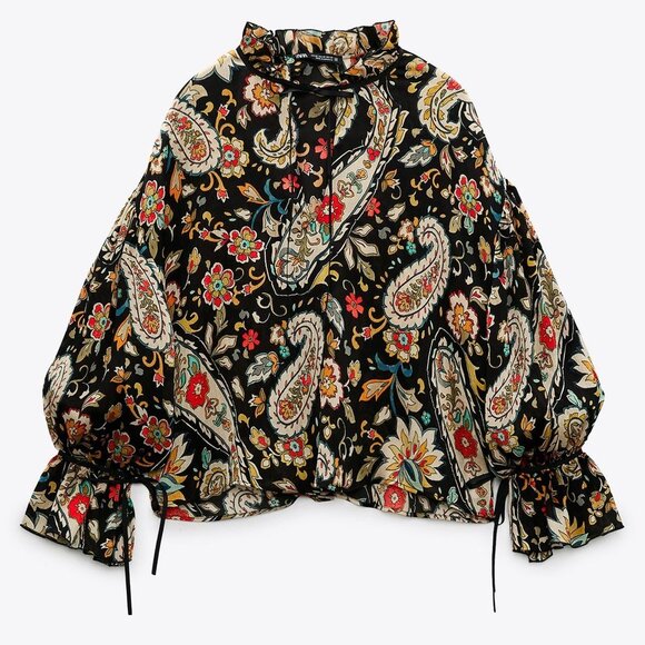 NEW Zara Multicolored Paisley Print High Collar Bow Ruffle Long Sleeves Blouse L - Picture 6 of 10